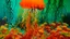 Placeholder: An orange colored underwater reef with jellyfish designed in Moroccan rug art painted by Andy Warhol