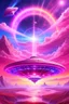 Placeholder: vaisseau interdimensionnel de couleur rose, grands rayonnements, dans un cosmos rose et jeu très étoilé d'or, 8K,ufo rainbow