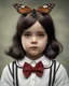 Placeholder: Hyperrealistic photograph of Mafalda in real life, with a bowtie or butterfly type bow on her head. Straight hair. (((Whole body)))