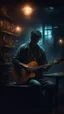 Placeholder: Si-Fi,a prisoner sitting behind bar playing the guitar, atmospheric lighting effects, intricate industrial details, moody atmosphere, eerie grimdark ambiance, complex motherboard accents, speculative fiction art. Bokeh