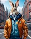 Placeholder: Conejo antropomorfico con chaqueta, Jens, tennis y gorra en la ciudad, arte de ilustración, calidad ultra, hiperdetallado, maximalista, increíble obra de arte, 12k