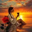 Placeholder: create a painterly romantic sunset scene with a stylish woman in a robe, braided hair under sunglasses, sitting on a chair in the water next to a vivid red rose, gently holding a glass of red wine, glowing sunset sky, soft golden reflections on the water, artistic textures --ar 16:9 --v 7 --style 4b --q 2