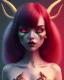 Placeholder: isometric art of a cute short Demon women with black antlers, deep blood red hair and green eyes, dark lighting, soft pastel gradients, high definition, 3d icon clay render, blender 3d