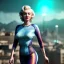 Placeholder: Realistic image, retro sci-fi, portrait, waist up view, blonde woman, sweet Marylin Monroe face, perfect iris, glow eyes. tight lycra tights suit. Retro Futuristic city, cars flying. epic style, vibrant color, highly detailed, unreal engine 5, ray tracing, RTX, lumen lighting, ultra detail, volumetric lighting, 3d, finely drawn, high definition, high resolution.