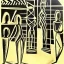 Placeholder: drawn in single line by Nicolai Blatter with hatch with parallel wavy lines metal engraving with african man dance procession in salvador dali style or picasso style