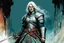 Placeholder: create an imaginative full body print illustration of an ethereal, otherworldly haggard, scarred, and grim, ghost haired, female grandmaster Witcher in Kaer Morhen armor , in the comic book art style of Bill Sienkiewicz, Mike Mignola, and Jean Giraud Moebius, with highly detailed feminine facial features , finely drawn, colored and inked,