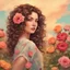 Placeholder: Beautiful young woman with long curly hair on the background of a field of colorful roses