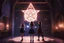 Placeholder: two teenagers summoning a demon in the shadows of a dorm, one is a cheerleader, the other is Hermione Granger young woman, the magician student. The demon stands in the center of a pentagram
