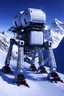 Placeholder: a sleek mechanical walker with eight legs scaling a very steep snow covered side of mout everest at night, it has a smooth surface, it has storage pods on its belly and humans can fit in the pods