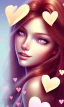 Placeholder: girl, happy, smiling, surrounded by hearts, brown hair, long hair, brown eyes, close up portrait, pink top