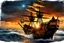 Placeholder: Pirate wearing eyepatch stands defiantly on a creaking wooden pirate ship deck, ocean horizon stretching behind, tattered sails billowing in the brisk sea wind, sunset casting an amber glow over the scene, high contrast, sharp textures, dramatic lighting, digital painting, crepystunning, cinematic