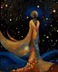 Placeholder: No corners drawing lines dots Kandinsky A full-body pretty African Asian moon goddess draped in flowing celestial fabric walks on water beneath a glowing full moon. Her gown unfurls like clouds, catching starlight and golden dust in the night air. The scene is surreal and divine, with painterly textures and a balance of shadow and illumination vertical Award winning imagery trompe l'oeil 3D surrealism masterpiece of Odilon Redon's dreamlike surrealism. kintsugi painting of abstract squares creat