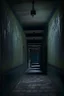 Placeholder: a long corridor with walls on both sides, with black paint falling off, both the walls tilting onto you with no exit to this corridor. the whole ttone is mystic and dark with a staitcase railing of wood covered with dark moss