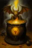 Placeholder: Living cauldron with yellow sigil, slightly demonic bat in it, prize winning oil painting