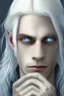 Placeholder: Realistic young man, long white hair covering one eye, blue eye, has rings on his hand, pale skin, slim bit fit