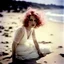 Placeholder: Clara bow on the beach, in the wind, white lace dress, pink hair,autochrome