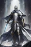 Placeholder: holy knight paladin in silver armor and a cape wielding a sword in abyss