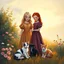 Placeholder: An elegant vertical painting suitable for a children's book cover or poster. Two young girls — one blonde, one redhead — in richly colored vintage dresses stand in a garden glowing with sunset light. Around them, three kittens rest peacefully: black, white, and ginger. The background shows softly glowing sky, flowers, and golden grass. The top third of the image is softly faded with light bokeh, creating space for a Hebrew or English title. The texture includes brush strokes, light craquelure, a