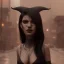 Placeholder: A black-haired tribal woman with demon horns standing on a sidewalk in a cyberpunk city