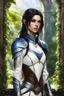 Placeholder: Realistic photography, realism, female half elf, attractive, dark hair, long and subtle stylish layer hair style, front_view, intricate white leather armor with blue streaks, brown aristocrate pants, blue plating, detailed part, brown dark eyes, green garden background behind window, dawn, full body shot