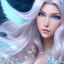 Placeholder:  beautiful, soft, smiling, long and straight blonde hair, bluish background, fairy wings on the back