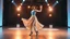 Placeholder: agA full body shot of a very beautiful lady with makeup and bob hair, wearing a pretty long skirt and blue heels, dancing gracefully on a modern stage with dynamic lights. The ime employs strong, hard light and a blurred bokeh effec