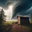 Placeholder: Pov: the open door to the sky a girl laugh and stretches out her hand, a tornado carries the wreckage of a scary cabin. the effects of dust and strong winds flow dramatically. scene funny.