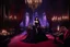 Placeholder: [Vampirella in the back of the scene] A decadent gothic mansion interior during a surreal psychedelic night party, candlelight everywhere, drifting incense smoke, velvet drapes in deep crimson and violet, baroque furniture, guests in dark aristocratic clothing moving dreamily. At the center stands Vampirella — a tall, striking woman with long flowing black hair, pale porcelain skin, and intense dark eyes. Her features are sharp, sensual, and almost supernatural in elegance. She stands slightly a