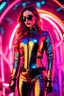 Placeholder: Super model pretty girl ,fashion style,latex suit,good body, headphone with sunglasses colorsfull ,background neon light