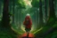 Placeholder: anime man with white hair and red scarf walking in a forest of tall green trees with a green backpack at dawn its foggy and stormy looking with a fire look out tower in the background with a trail following up to it there is a creek next to the trail water