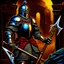 Placeholder: 90's TCG art retro fantasy art of a knight with a flail