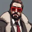 Placeholder: a young man with big muscles who looks like hans gruber wearing a heavy coat and red sunglasses staring with a disgusted look on his face