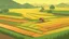 Placeholder: Rice field，Trees，Warm color palette，Animation，A lovely grasshopper，Top of the hill