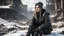 Placeholder: winter, portrait (28 year (1woman)), in (post-apocalyptic:1.1) style, in black desert, face in the center, (sitting:1.1), (medium full shot), ultra details, perfect composition, super detailed, high detail, cinematic composition, post-apocalyptic, atompunk, hyperrealism, (ruined city) in the background