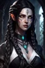 Placeholder: Young beautiful female Hexblood warlock character . Bright glowing pale eyes. Long, thick, silky jet-black hair reaching her waist, with a center part and two loose Dutch braids starting at her temples, flowing into the rest of her straight hair. A few soft strands frame her face. Thin vine-like markings spread across neck and collarbone as a sign of an ancient curse. Dark fantasy, realistic, cinematic, highly detailed.
