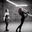 Placeholder: redhead girl barn rapier training against old very detailed playful lighting