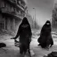 Placeholder: women, faces covered in black masks, ragged clothes, holding flag, realistic, Life Magazine photgraphy, war-torn, destroyed city in the background, 8k resolution, hyperrealistic, detailed matte painting, b&w, dynamic lighting, war, anarchy, rebels, terrorists