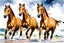 Placeholder: Stunning watercolor style portrait of three powerful palomino horses, galloping strong on the seashore. The waves crash behind them, the sky is filled with stormy clouds. Their manes and tails flutter in the wind and their muscles become defined as they exert their strength. Dynamic, energetic atmosphere, capturing the essence of freedom and power