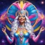 Placeholder: full body photorealistic portrait of a beautiful smiling amazonian carnival spiritual goddess with long parma white hair, colorful feathers tight hips with a tron like body suit tribute to the galaxy in a cosmic surounding only blue , pink and yellow, crystal jewels