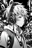 Placeholder: In the midst of a lively festival, a black and white anime boy adorned with headphones emerges.