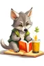 Placeholder: wolf cub reading book next to a glass of juice