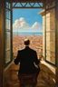 Placeholder: man is watching the city from the balcony painted by Caravaggio