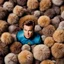 Placeholder: looking down from high above, James T Kirk, in star trek uniform, squeezing out of a big pile of tribbles