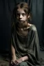 Placeholder: very thin 13 year old girl, dressed in rags, long fezzy haircut, A Cure for Wellness style, full figure