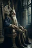 Placeholder: An old king with a long beard and crown sitting on an a chair in side an old castle bound by a with worries a high definition cinematic theme