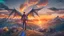 Placeholder: Human with dragon wings flying in the sky with people beneath walking and looking at him up, sunset background with hills, mountains and huts intricate details, shot on 64 megapixels Canon, DSLR camera