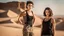 Placeholder: beautiful caucasian female technician, black tank top, well toned muscles, scratched sand camo metal details, short brunette wavy bob haircut, dystopian, desert scene