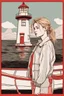 Placeholder: 23 years old girl, with blond hair and a messy bun like selah sue. standing on in a red boat, wearing red clothes and holding binoculars watching something in the middle of the sea. She is standing in a lighthouse. Wes anderson style. In front. Sarcastic vibe.