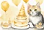 Placeholder: beautiful composition, cat birthday party with cake, watercolor and ink, golden glitters in ochre in sunshine