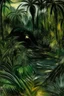 Placeholder: A black mysterious jungle with crocodiles painted by Edvard Munch